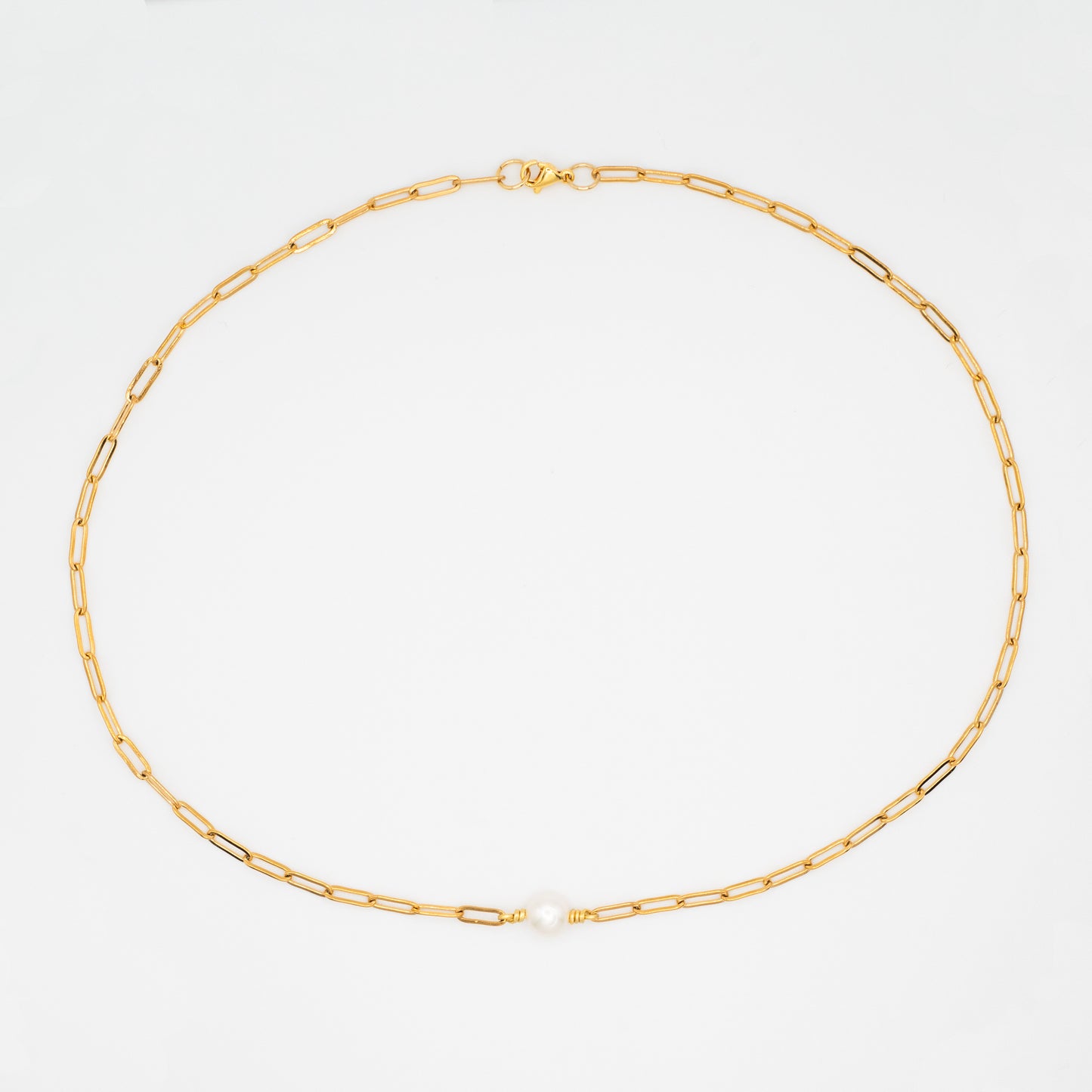 Freshwater Pearl Paperclip Necklace - Gold