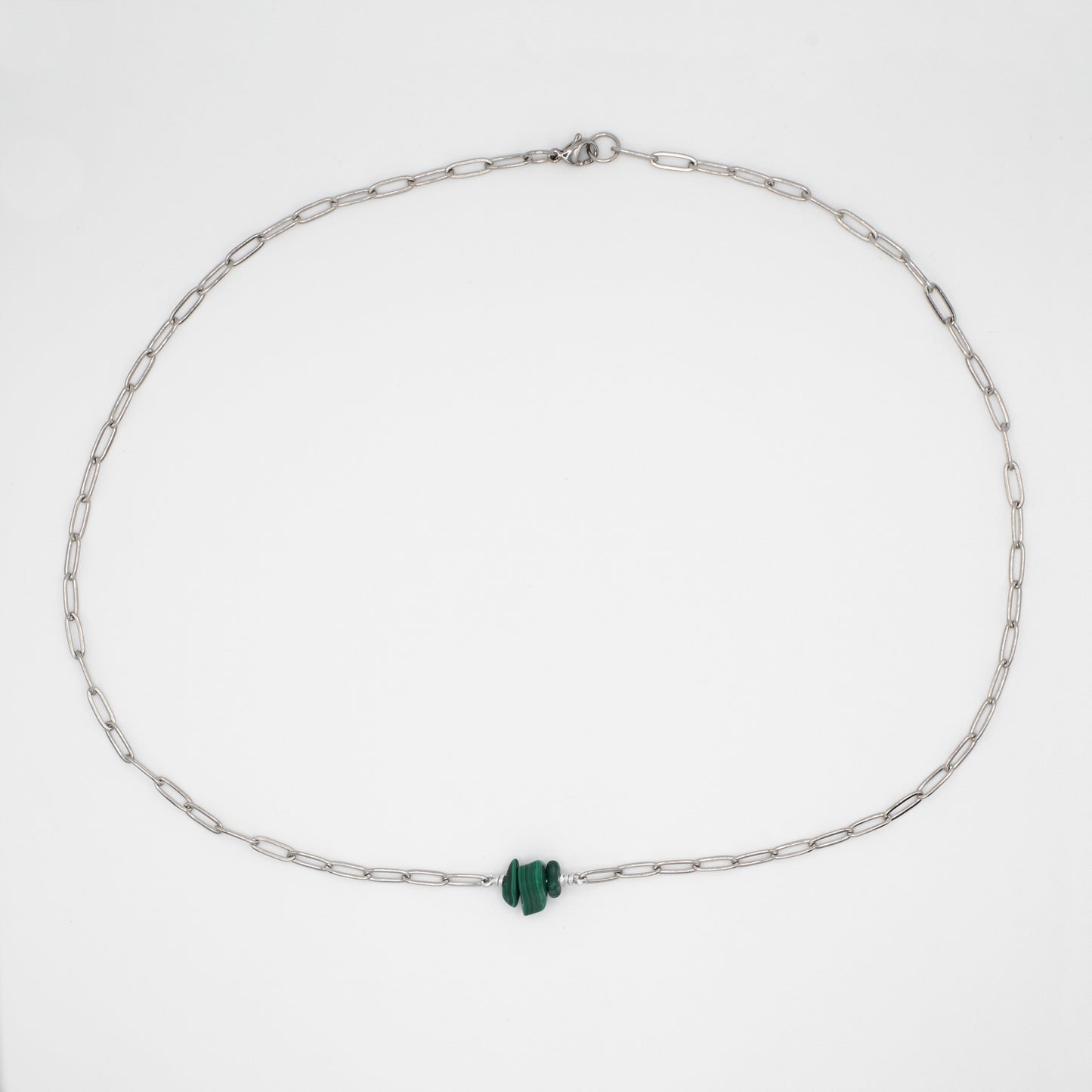 Malachite Paperclip Necklace - Silver