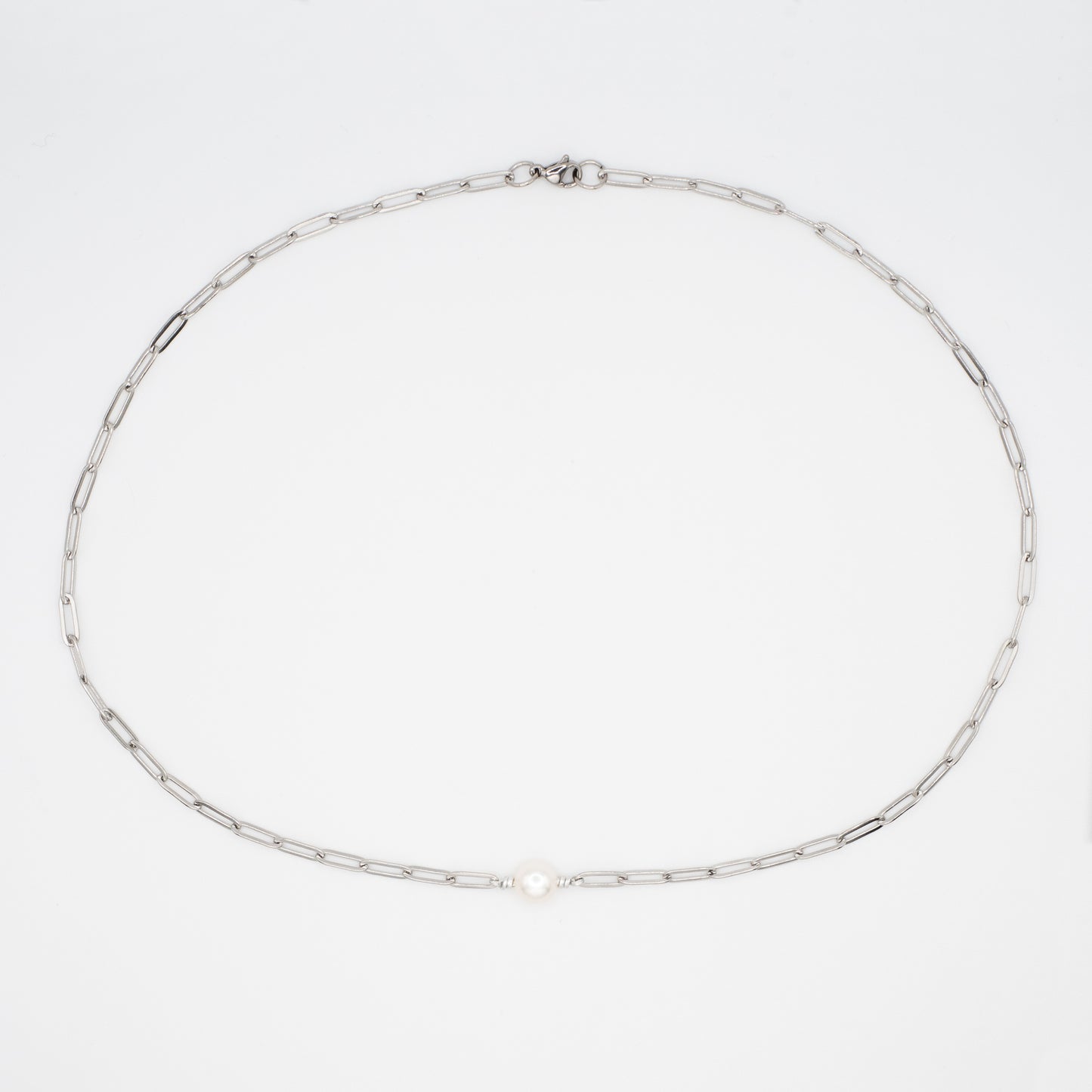 Freshwater Pearl Paperclip Necklace - Silver