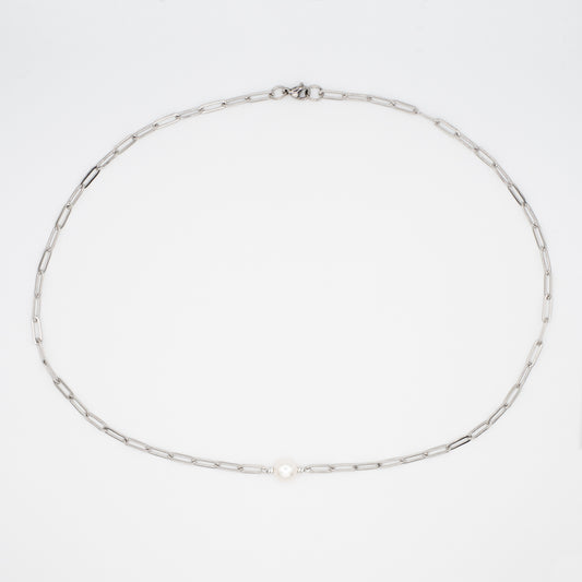 Freshwater Pearl Paperclip Necklace - Silver