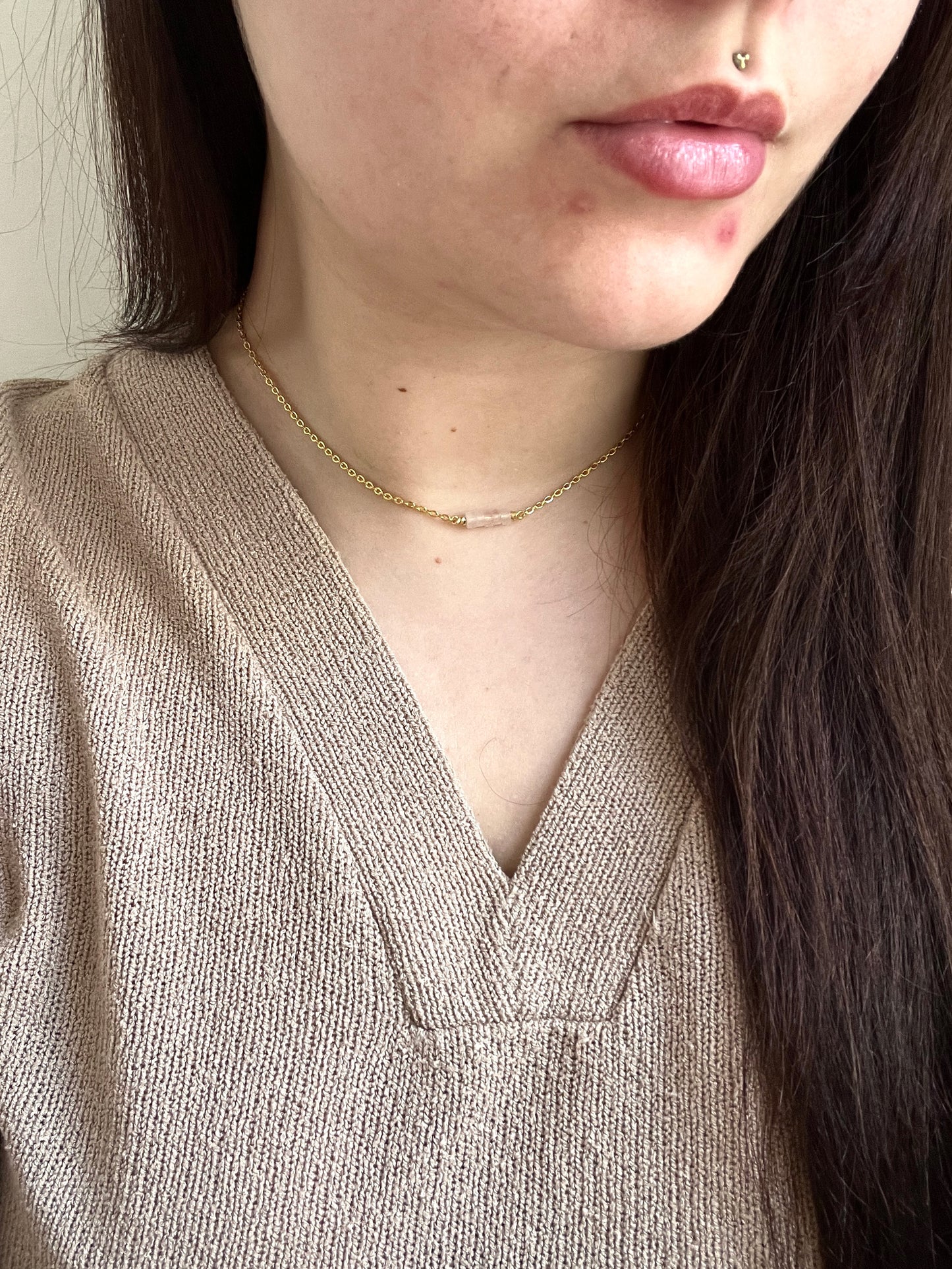 Rose Quartz Bar Chain Necklace - Gold