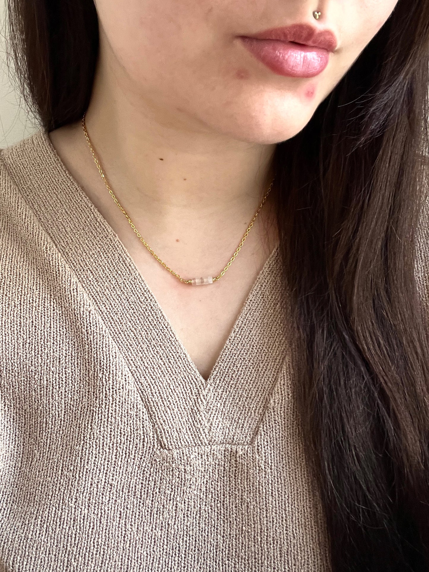 Rose Quartz Bar Chain Necklace - Gold