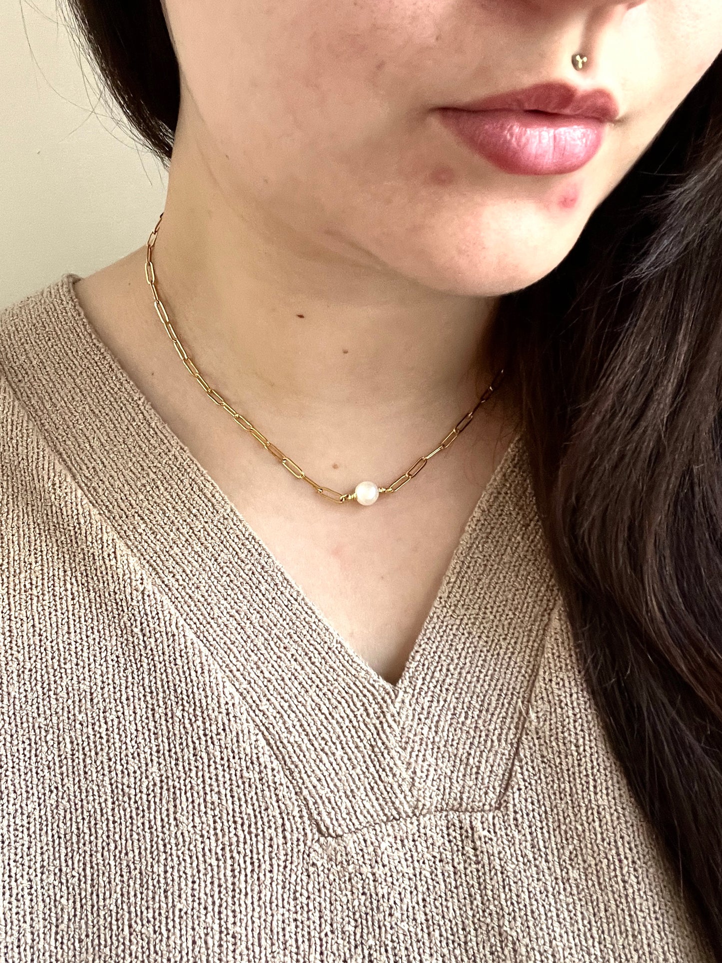 Freshwater Pearl Paperclip Necklace - Gold
