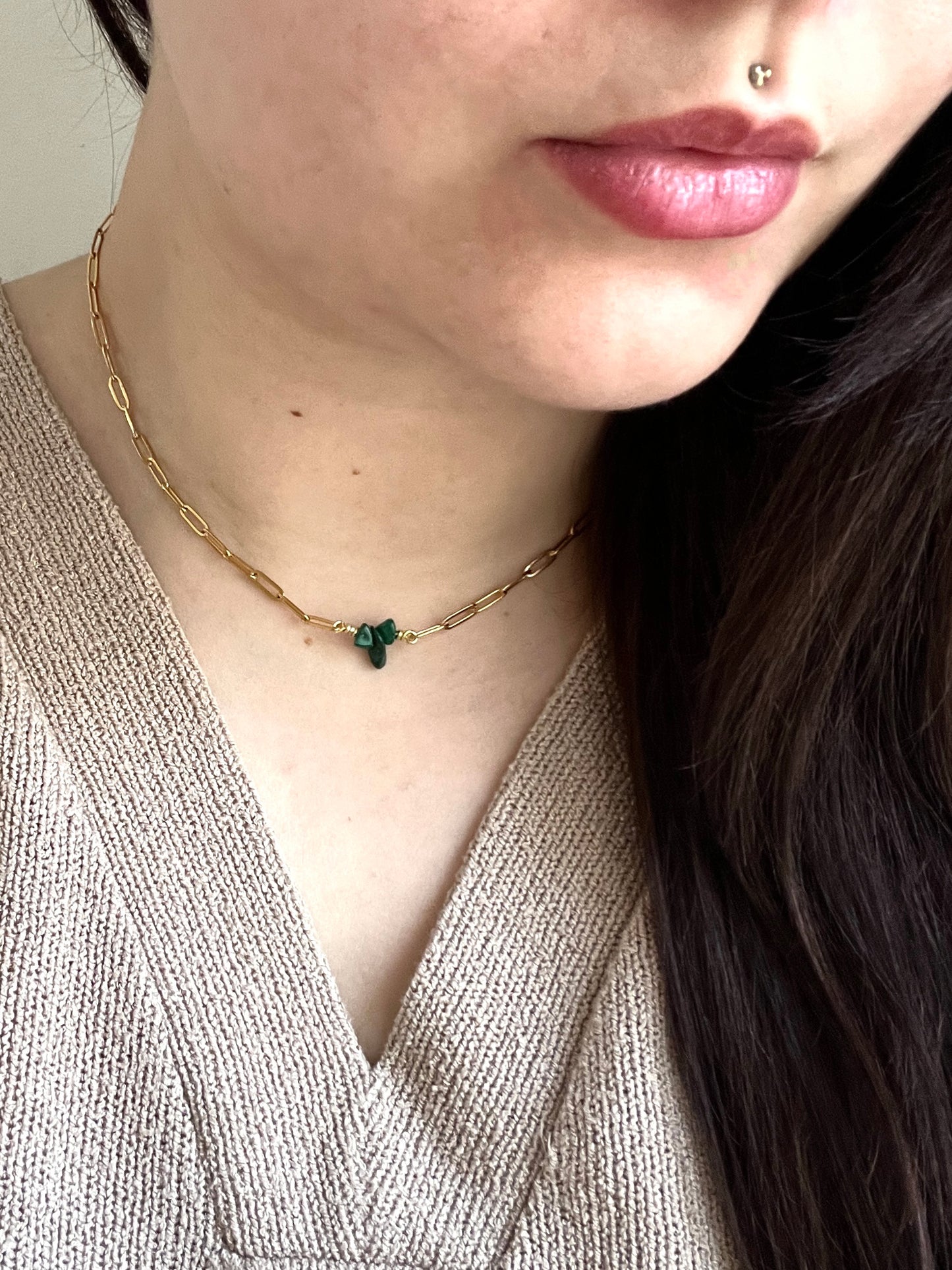 Malachite Paperclip Necklace - Gold