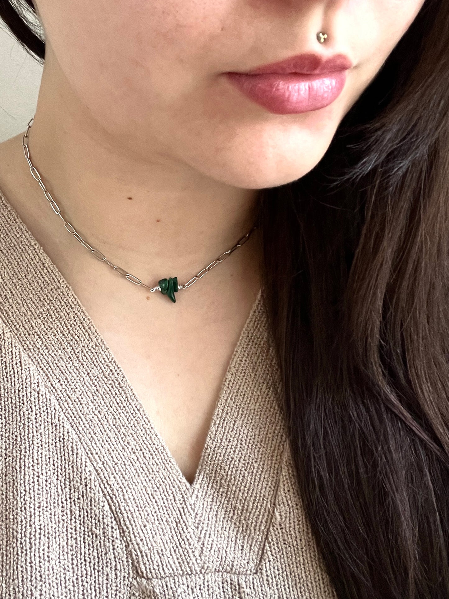 Malachite Paperclip Necklace - Silver