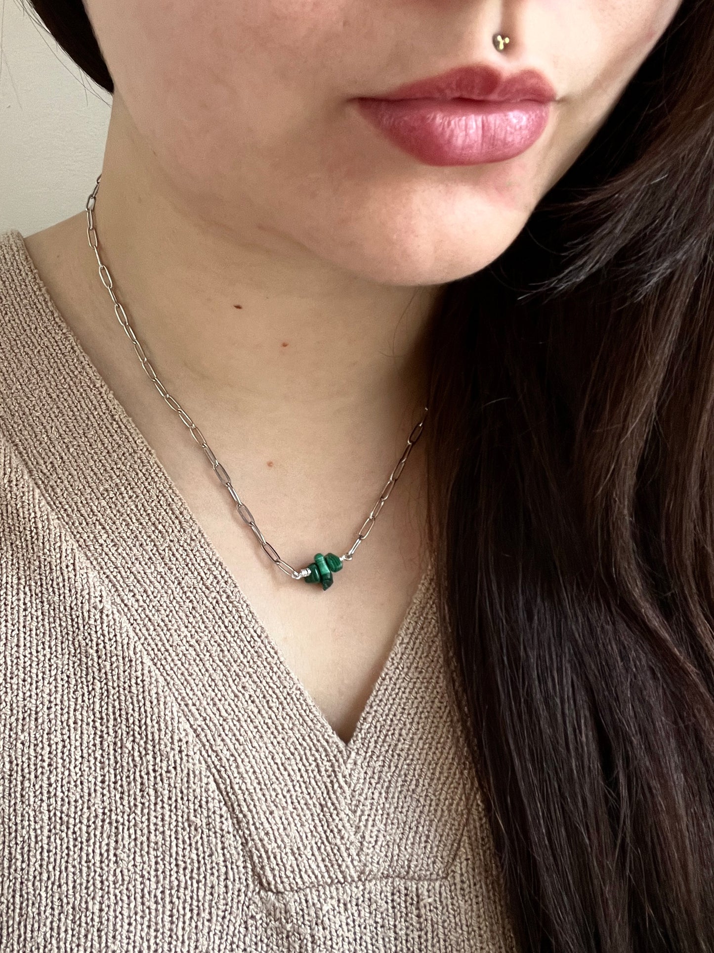 Malachite Paperclip Necklace - Silver