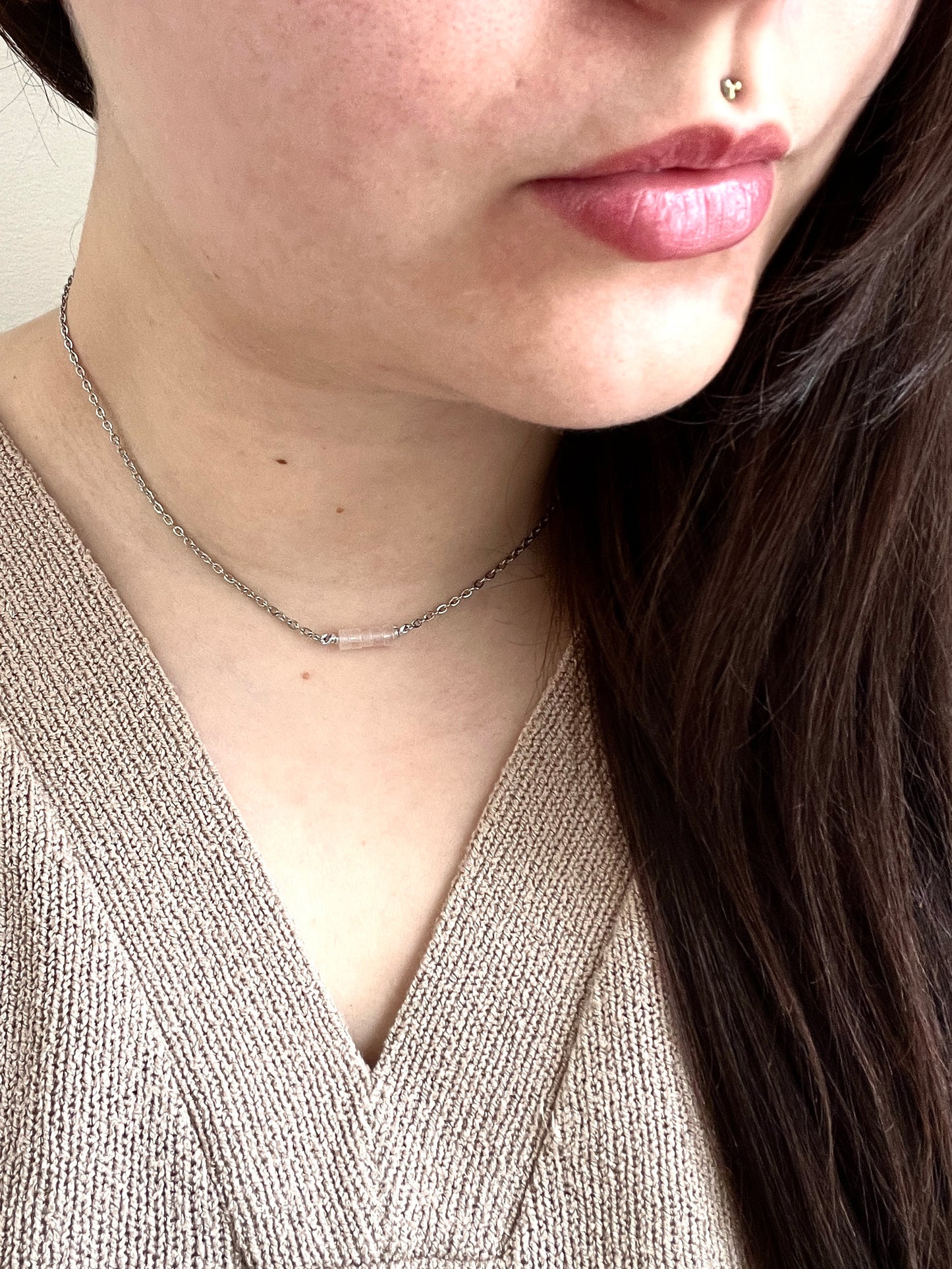 Rose Quartz Bar Chain Necklace - Silver