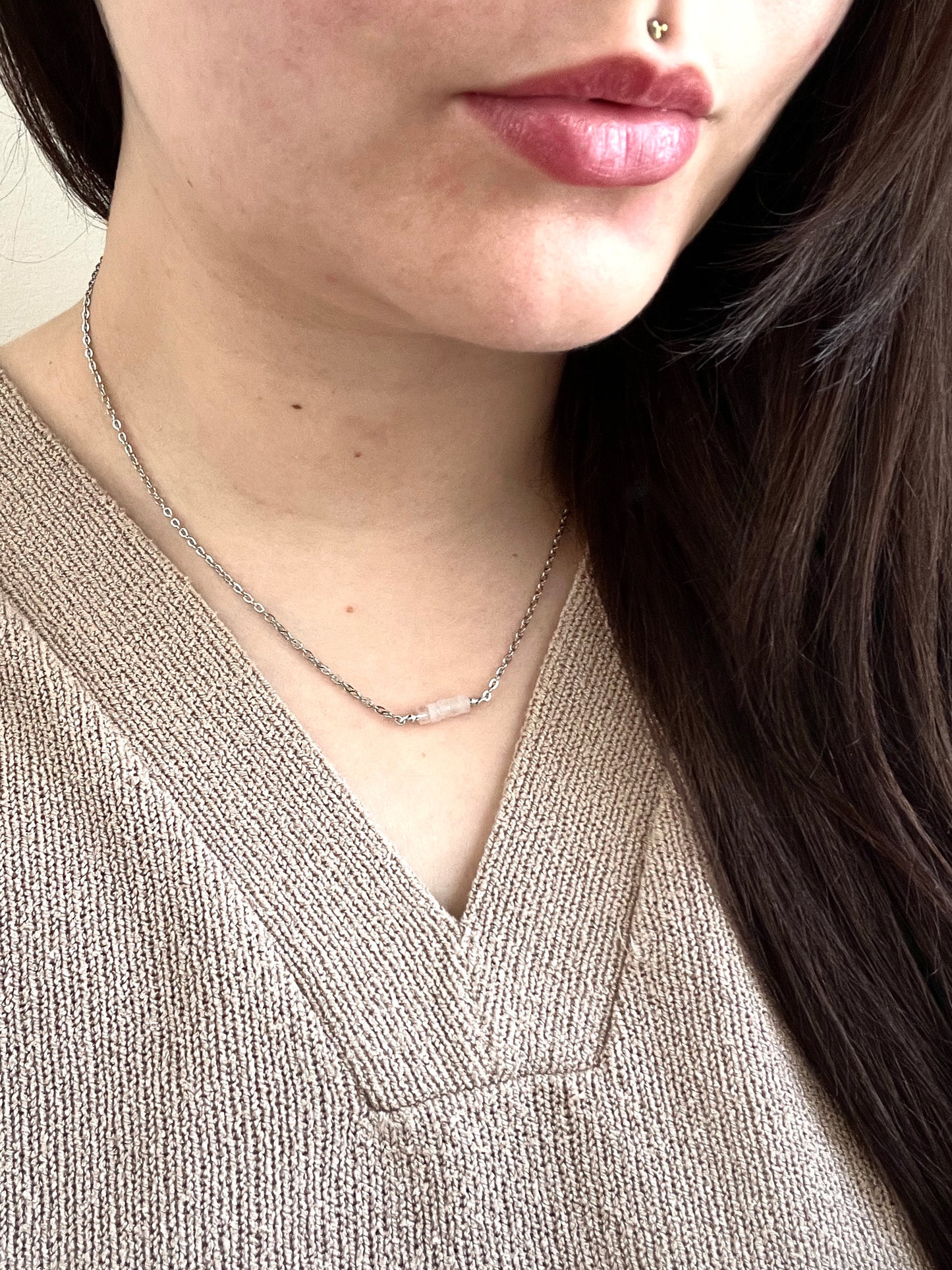 Rose Quartz Bar Chain Necklace - Silver