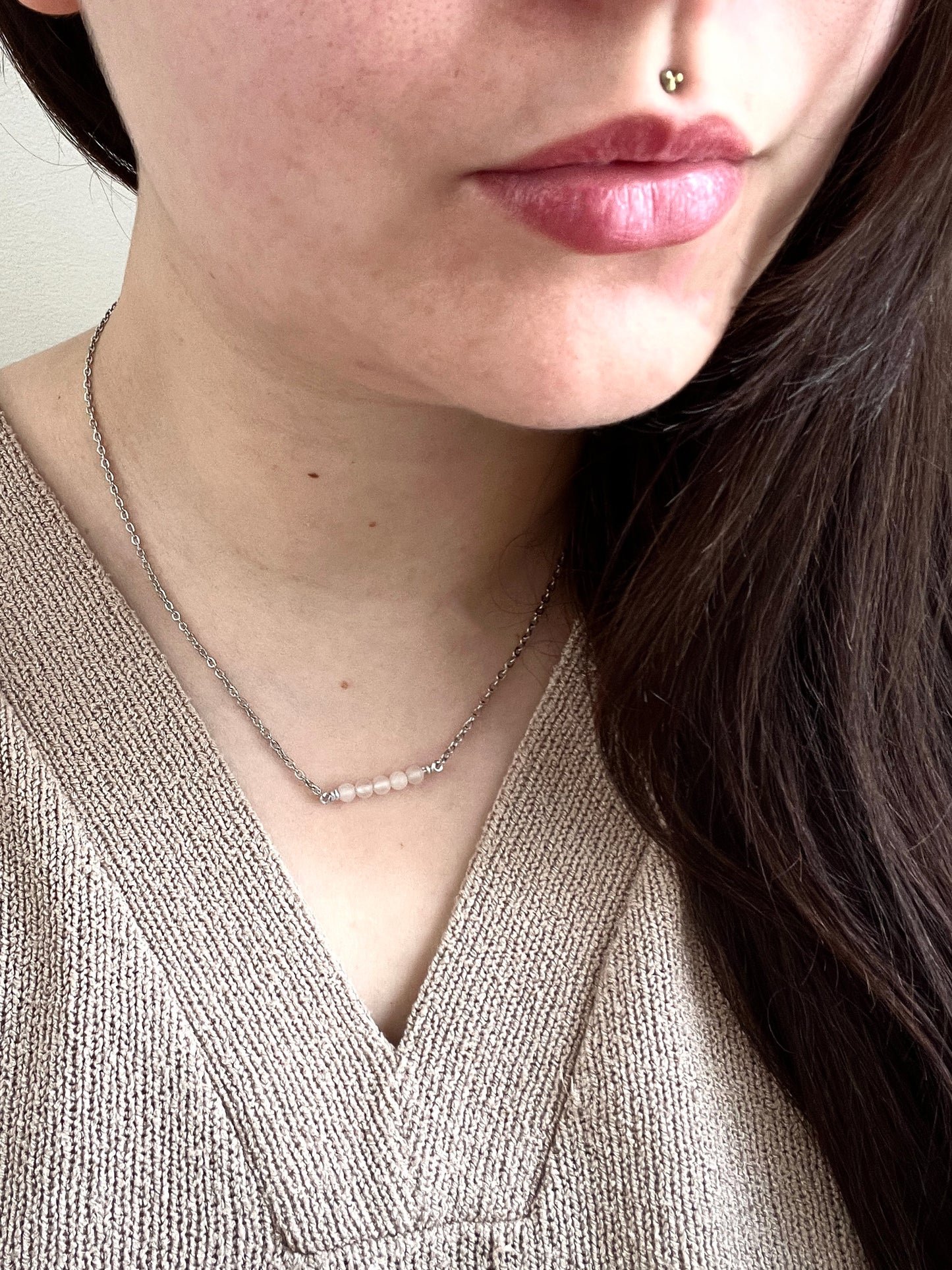 Rose Quartz Round Chain Necklace - Silver